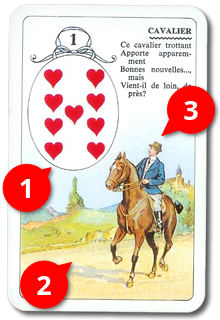 The French version of the Cavalier card from the Lenormand game, with a rider standing upright on his horse and a text next to it.