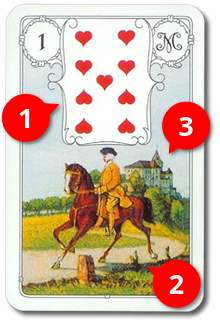 The textless version of the Cavalier card from the Petit Jeu Lenormand, with a rider standing upright on his horse and a text next to it.