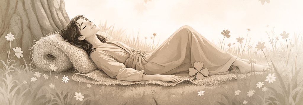 A woman lying next to a tree and a huge 4-leaf clover