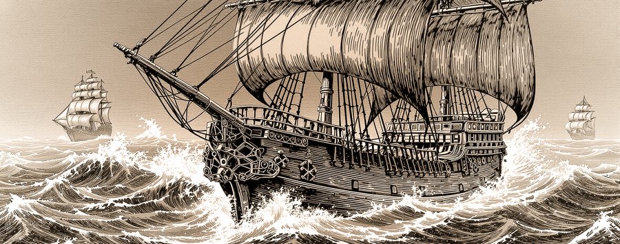 Maritime vessel with large sails crossing the waves, seen from the bow and flying the flag, surrounded by other ships