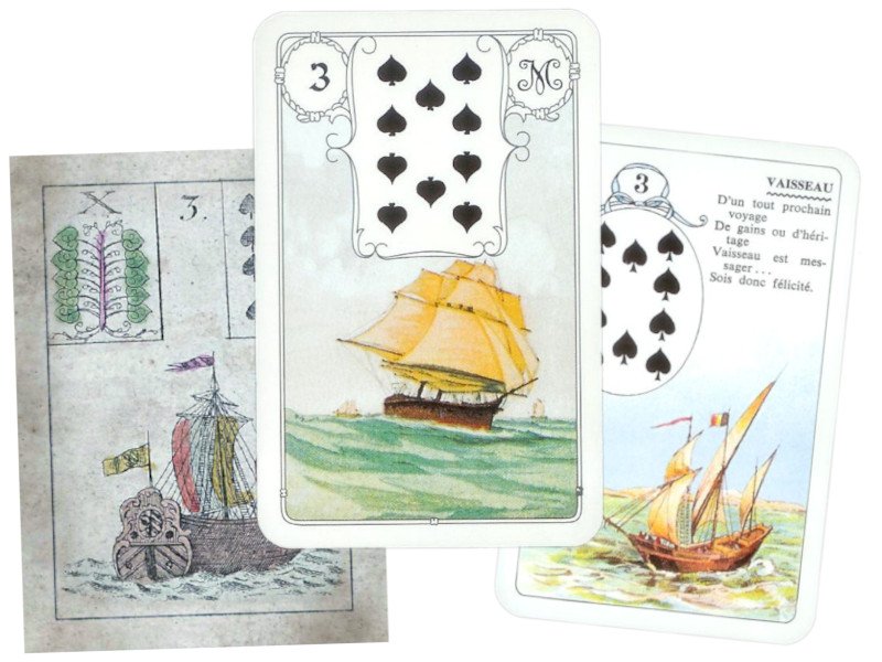 3 cards from different Lenormand games display the boat, a symbol of travel and movement