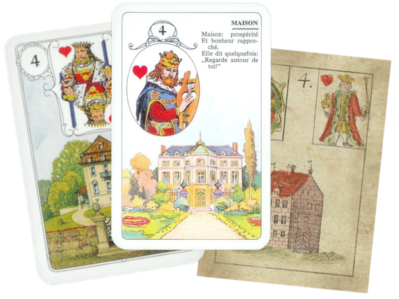 3 cards from the House of Lenormand's various little games are spread out.